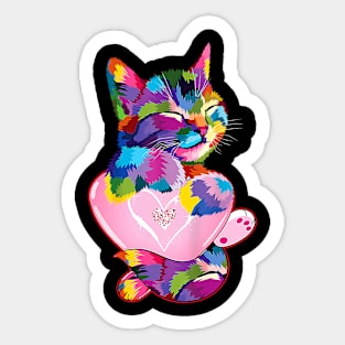 Rainbow Valentine Cute Cat Hugging Heart Kitty Love Cat Sticker